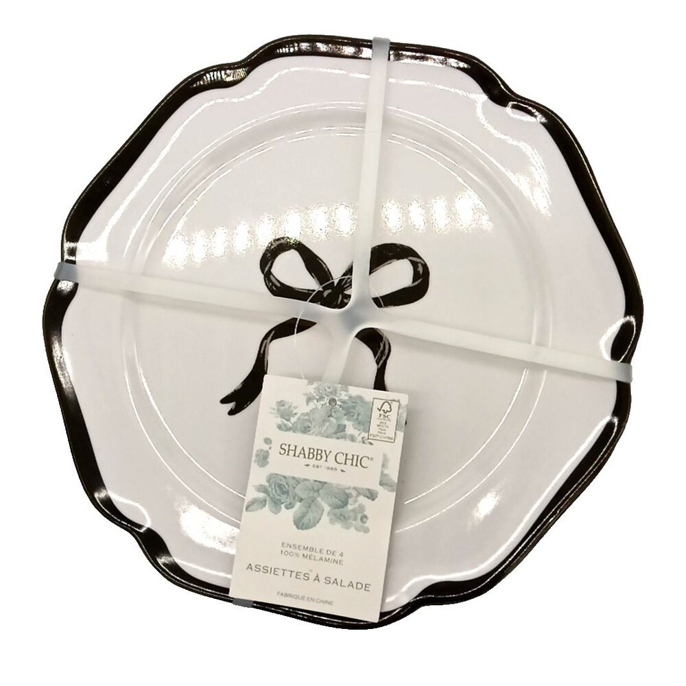 Shabby Chic Set of 4 Black Bow Melamine Salad Plates NWT